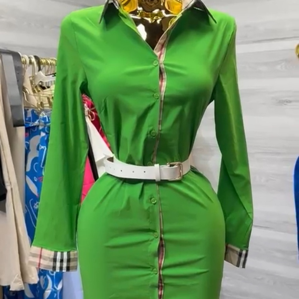Green Button-Up Dress with White Belt